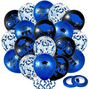Whaline Only 50cs Graduation Party Balloon Set 7 Designs Confetti Latex Balloon with 2 Rolls Ribbon Grad Cap Congrats Grad Balloon for Graduation Party Decoration Supplies (Blue, Black)