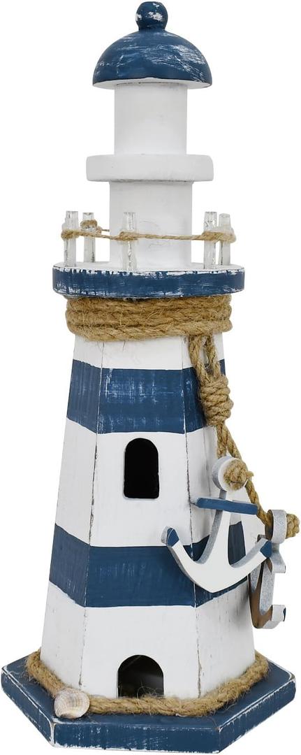 Morning View Lighthouse Decor Nautical Decoration Lighted Wood Light House Figurine Beach House Coastal Decor Table Ocean Seaside Theme Home Decor Lake House Bathroom Shelf Centerpiece 10.2" Navy Blue