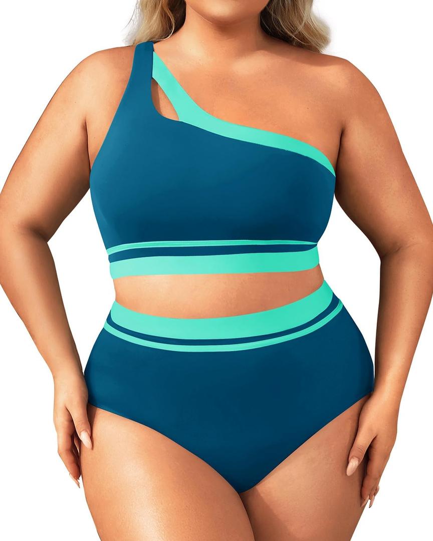 Aqua Eve Women Plus Size High Waisted Bikini One Shoulder Two Piece Swimsuit Color Block Bathing Suits (Teal and Green), 14 W