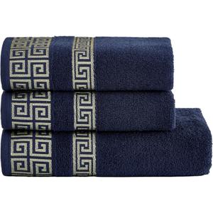 Luxury 3 Piece Greek Key Towel Set - 1 Bath Towels, 2 Hand Towels, 100% Cotton Highly Absorbent Embroidered Bath Towel Set, Navy Blue Towel Set GR0103