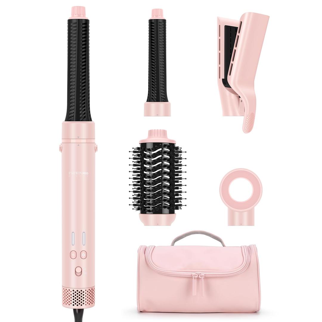 2.0 Dual Voltage Hair Dryer Brush - Travel 5-in-1 Hot Air Hair Styler with Auto Wrap Curlers, Air Straightener Adds Shine, Smooth, Curl & Volume for Salon Blowout, lonic Frizz Control, Pink