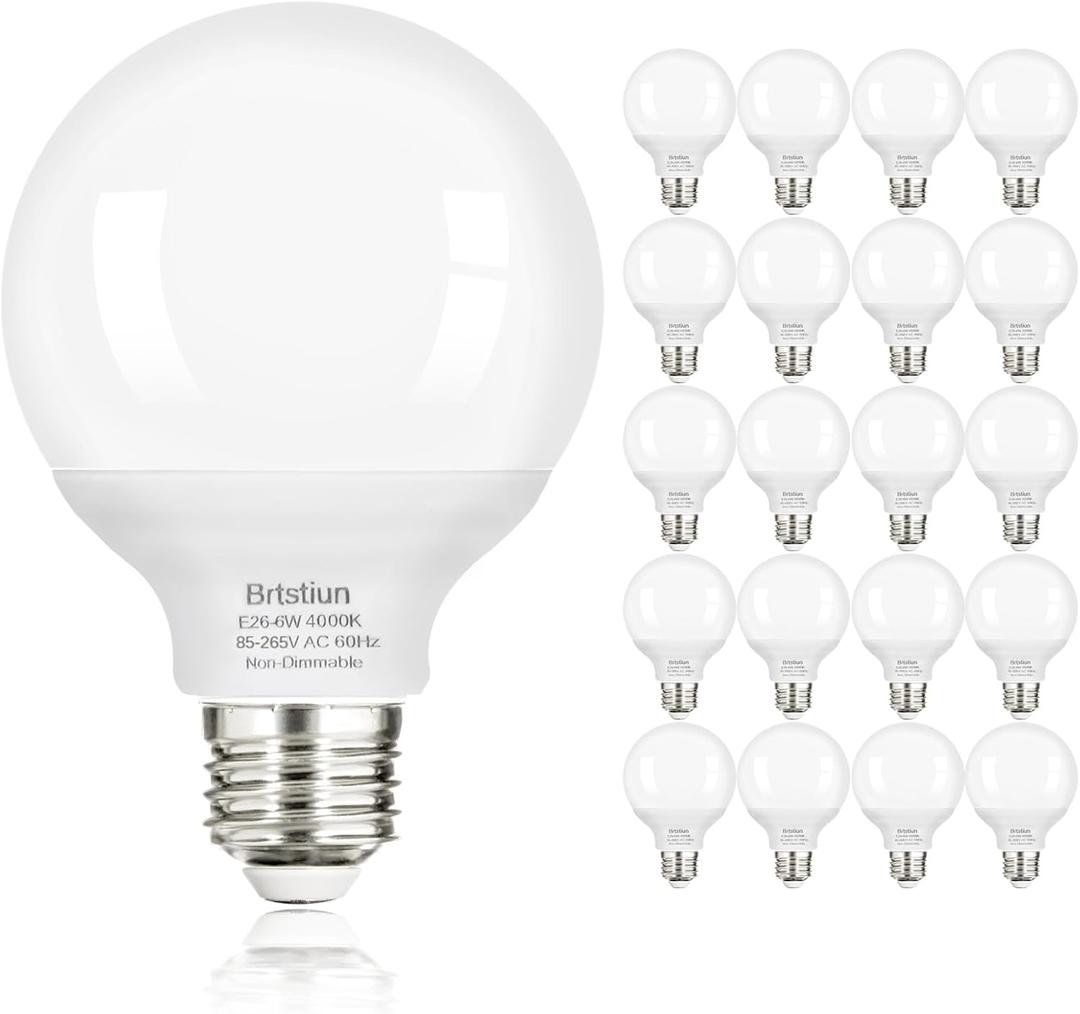 G25 LED Globe Light Bulbs, Round Vanity Light Bulbs for Bathroom, 40W Equivalent, Cool White 4000K, E26 Base, 600LM, Non-Dimmable, 20-Pack