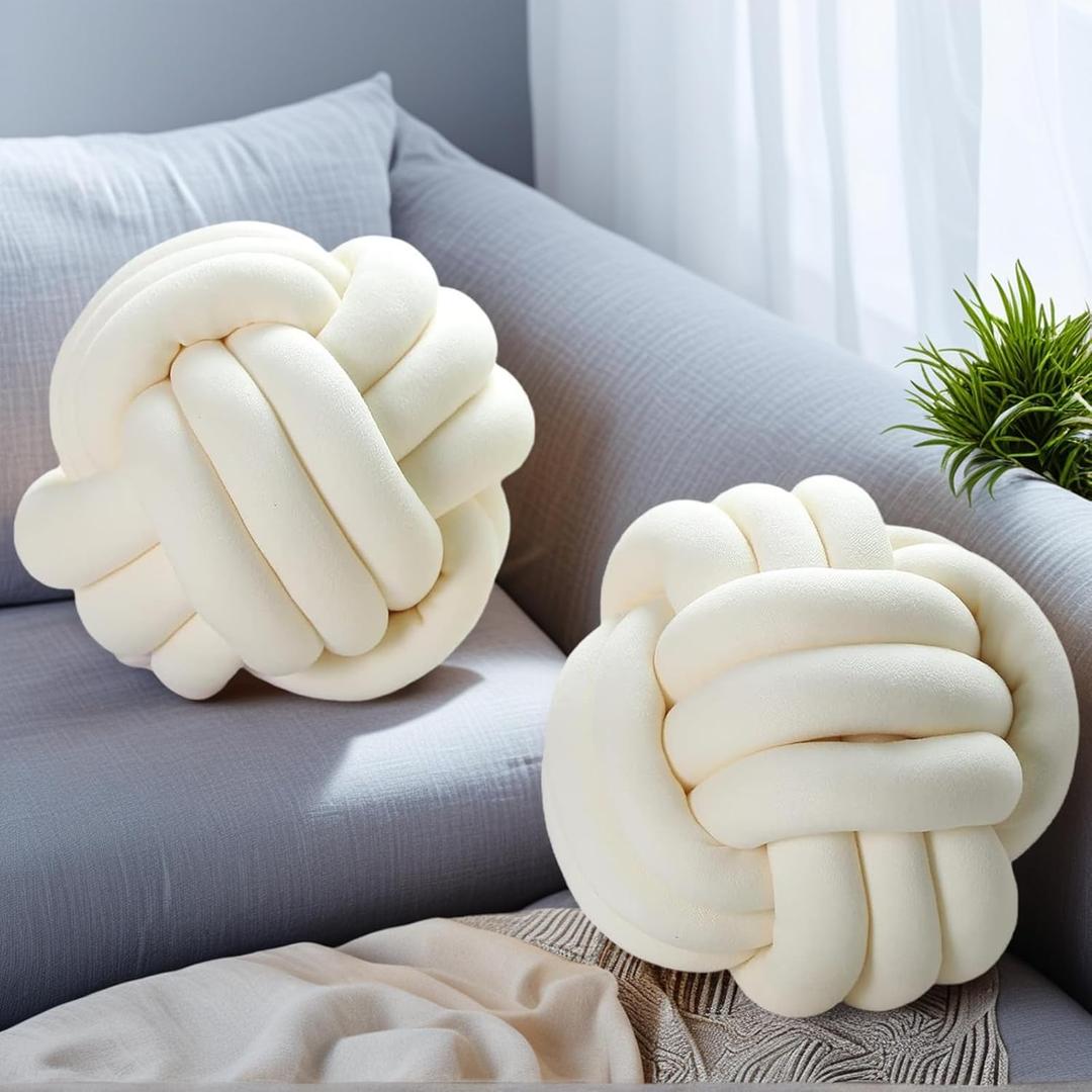 2 Pcs Knot Pillow Ball, Ivory Knotted Pillow Plush Ball Pillows, 8.7" Decorative Throw Pillows for Sofa Couch Aesthetic Home Decor