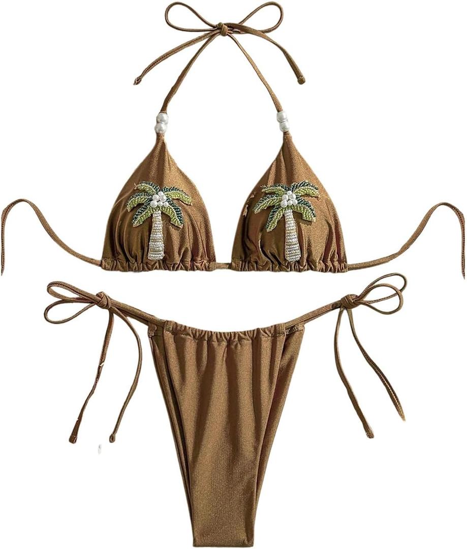 SOLY HUX Women's Tropical Cheeky Swimsuits Vintage Halter String Triangle Bikini Set Bathing Suits Beachwear, Medium