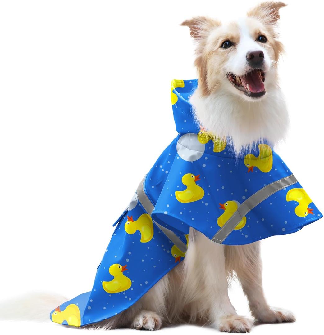 DELIFUR Large Dog Raincoat- Waterproof Dog Rain Poncho Adjustable Double Layer Rain Jacket with Hood for Medium Large Dogs Designed with Leash Hole Reflective Strip and Ducks (Blue Duck, Large)