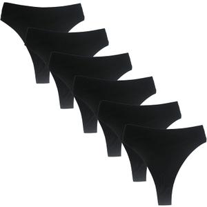Amwounu High Waisted Thongs For Women Comfortable Breathable Athletics Underwear High Rise Cotton Panties, Size S, Black, Pack of 6