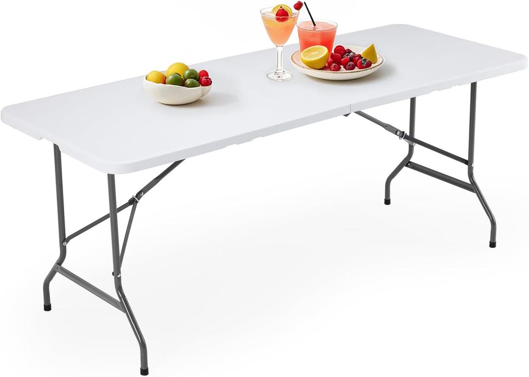 DUMOS 6ft Plastic Folding Table, Indoor Outdoor Portable Heavy Duty Table w/Carrying Handle, Lock for Camping Picnic Party Dining, White