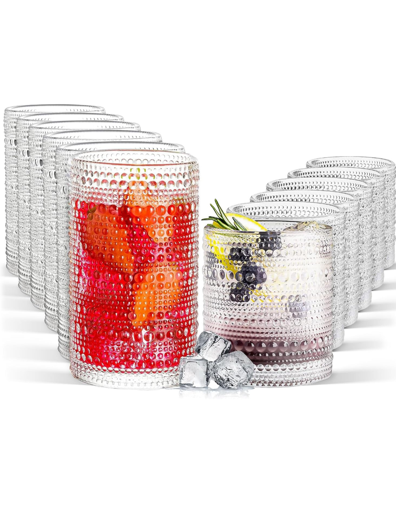 Hobnail Drinking Glasses Set of 12, 11.8 oz Vintage Glasses Drinking Set & 10 oz Cocktail Glasses Set, Embossed Glass Cups for Kitchen, Beer, Juice, Cocktail, Whiskey, Milk