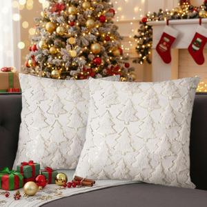 2 Pcs Christmas Throw Pillow Covers, 1818 Soft Faux Fur Pillow Cases, Couch Cushion Cases Holiday Decorations, Festivals Winter Home Decor (Cream Beige Tree)