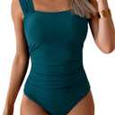 B2prity Womens One Piece Swimsuit Retro Square Neck Tummy Control Bathing Suits Ruched Modest Full Coverage Swimwear (Small, Peacock Green)