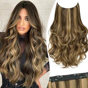 Layered Halo Hair Extensions with Invisible Wire Balayage Chocolate Brown Hair Extensions with Caramel Blonde Highlight (10H/26#) 20’’ Long Wavy Layered Synthetic Hair Extensions for Women