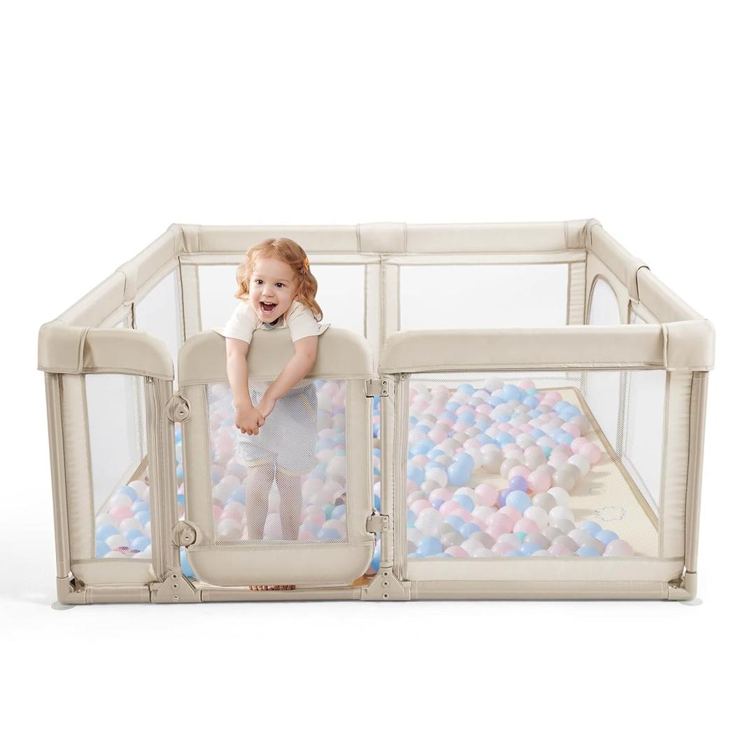 Baby Playpen with Walk-in Gate & Zipper Door, 79x71in Extra Large Playpen for Babies and Toddlers, Sturdy Indoor Play Pen with Breathable Mesh & Safety Lock(Khaki)