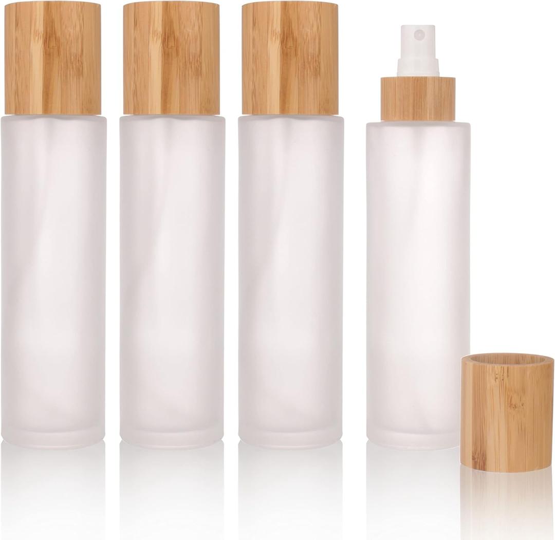 COSIDEA 4 pcs Empty5oz /150ml Bamboo Lid Frosted Glass Spray Bottle With Fine Mist Despenser Head For Liquid Perfume Toiletries Containers, Toner Bottles