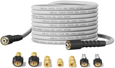 Giraffe Tools Pressure Washer Hose 50FT X 1/4", 3200 PSI Pressure Washing Hose, Kink Resistant, Heavy Duty Power Washer Hose, M22 to 3/8" Quick Connect Couplers for Replacement, 7 Accessories