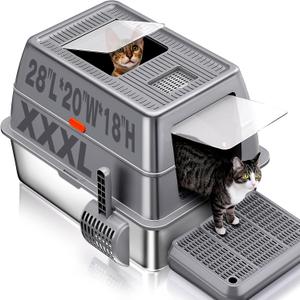XXXL Stainless Steel Litter Box with LidExtra Large 28"L*20"W*18.1"H Metal Cat Litter Boxs,Jumbo Enclosed Removable Litter Box High Sides For Big Cats,with Cat Litter Scoop, Leak-Proof, Easy to Clean