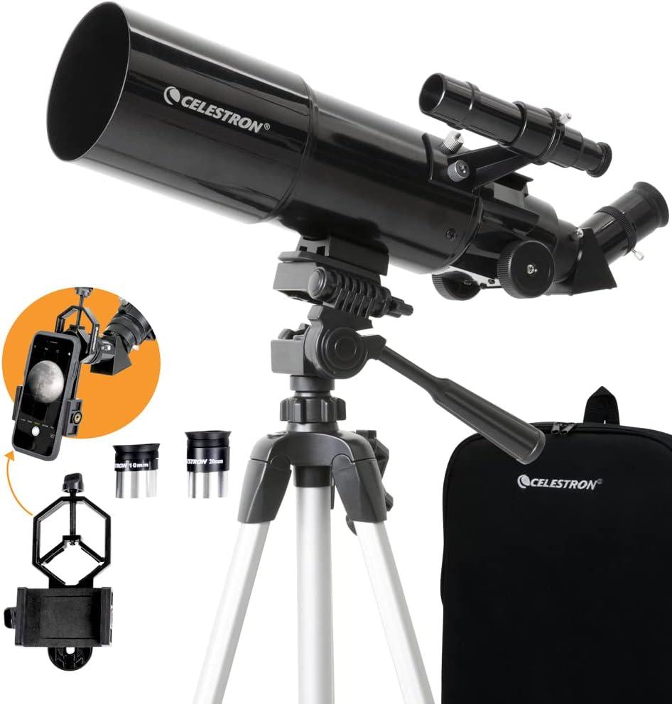 Celestron - 80mm Travel Scope - Portable Refractor Telescope - Fully-Coated Glass Optics - Ideal Telescope for Beginners - Bonus Astronomy Software Package - Digiscoping Smartphone Adapter