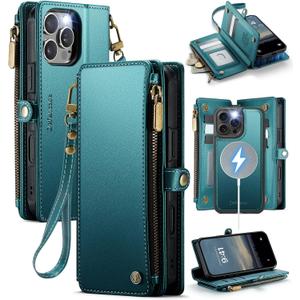Defencase for iPhone 16 Pro Magnetic Wallet Case Compatible with Magsafe with RFID Blocking Zipper Strap Card Holder for Women Men PU Leather Detachable Case for iPhone 16 Pro (6.3 inches), Blue Green