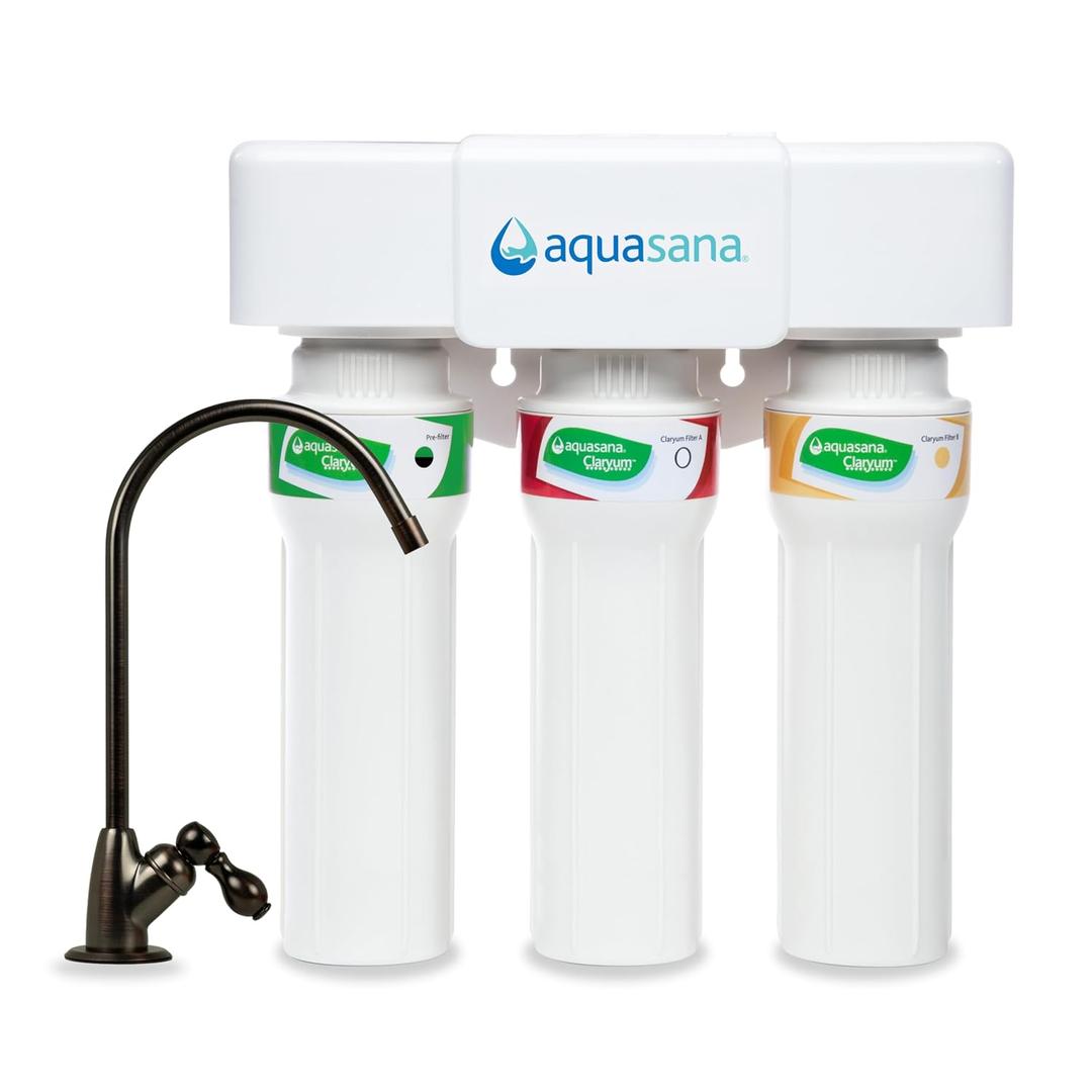 Aquasana Under Sink Water Filter System - Reduces PFAS, Lead, & Chlorine in Drinking Water - Under Counter Claryum Filtration for Kitchen - 3-Stage Max Flow - Oil-Rubbed Bronze Faucet - AQ-5300+.62