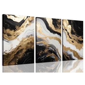 ZQARTZZQ 3 Piece Framed Wall Art Abstract Wall Decor Black Gold Pictures Marble Canvas Art Modern Minimalism Paintings Artwork For Living Room Bedroom Office 12x16in