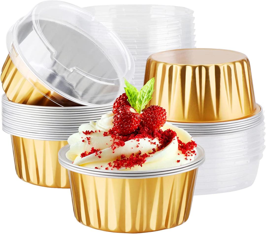 EUSOAR Disposable Ramekins Aluminum Foil, Gold 25Packs 5oz Baking Cups with Lids Mini Muffin Liners, Dessert Cheesecake Pan Oven Safe Creme Brulee Cupcake Containers for Catering Club Wedding Party