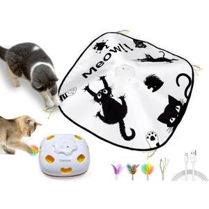 ORSDA Interactive Cat Toys for Indoor Cats, 4 in 1 Automatic Kitten Toys, Rechargeable Electric Moving Ambush Feather, Hide and Seek, Chase Feather for Kitty with 5PCS DIY Replacement (Black Meow)