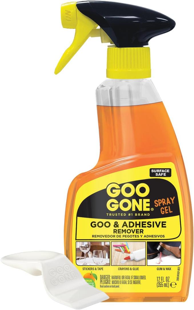 Goo Gone Adhesive Remover Spray Gel  Safe Glue and Sticker Remover for Labels, Tape Residue, Grease, Tar, Gum, Crayons, Candle Wax, Tree Sap, & Makeup on Hard Surfaces, Carpets, and Fabrics, 12 oz