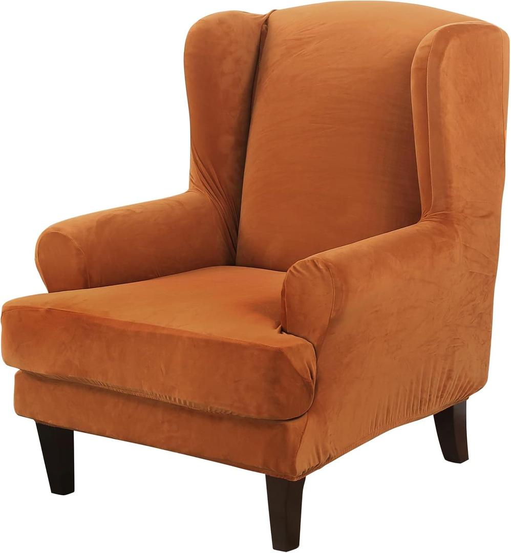 MIFXIN Wingback Chair Slipcover 2-Piece Velvet Stretch Wing Chair Slipcovers with Cushion Cover Removable Washable Armchair Sofa Furniture Protector for Living Room Bedroom (Orange)