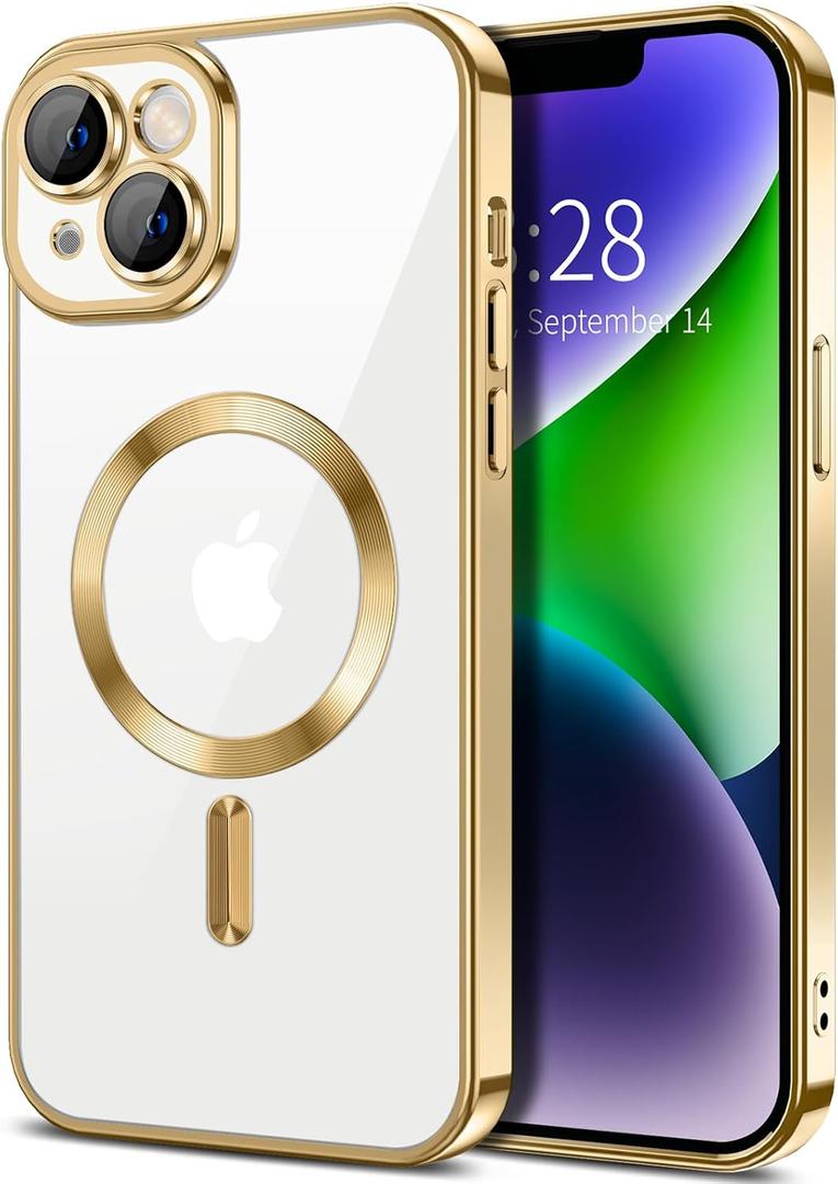 Hython Magnetic Clear for iPhone 14 Case with Camera Lens Protector [Compatible with MagSafe] Luxury Plating Edge Slim Soft TPU Cover Protective Phone Case for iPhone 14 6.1", Gold