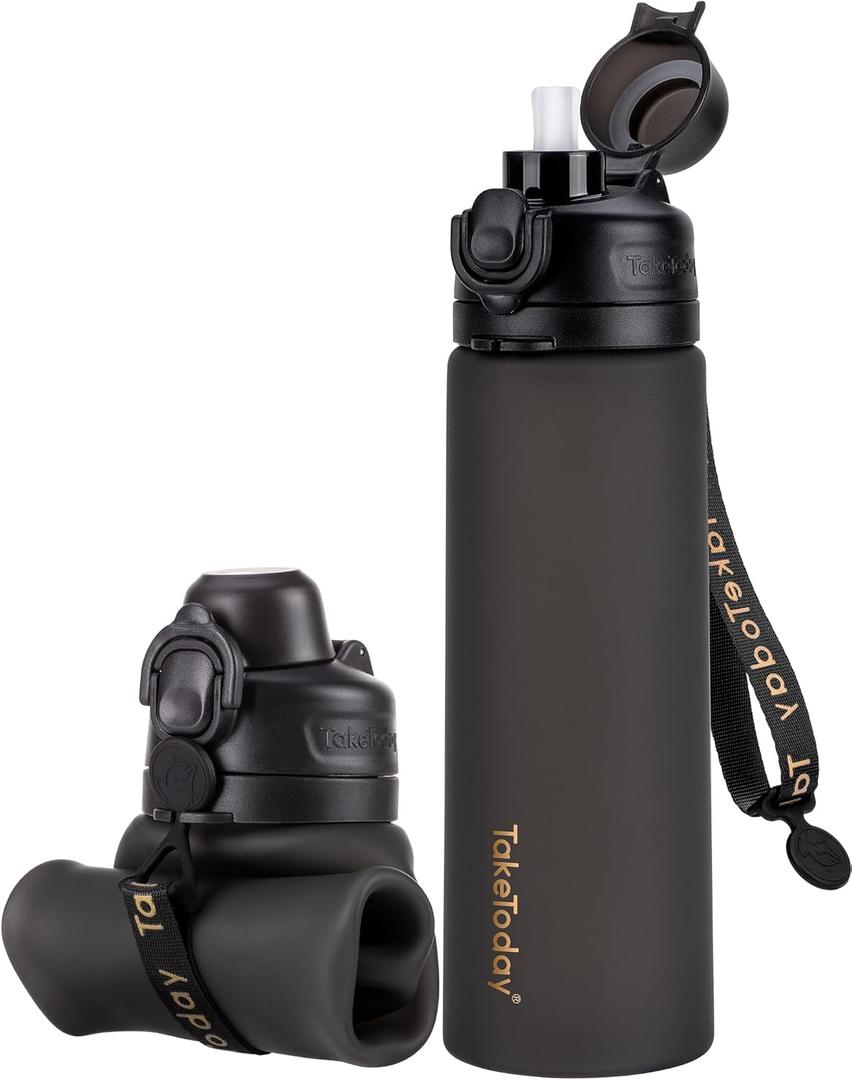 TakeToday Collapsible Water Bottles 20oz, Leak Proof, BPA-Free, Foldable Silicone Travel Water Bottle with Straw Strap for Cycling, Hiking, Outdoors (Black)