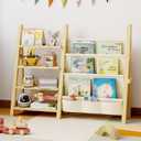 Toy Storage Organizer with Kids Bookshelf, Montessori Wooden Toy Organizer Book Shelf for Kids Rooms, Nursery, Playroom, Child, Baby, Toddler Bookcase, Toys Rack Fabric Sling Book Shelves (Compact)