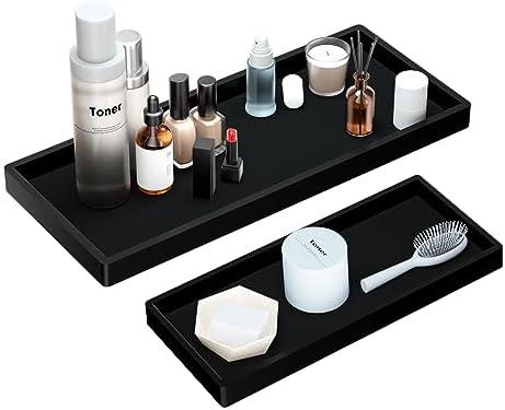 BBK Bathroom Vanity Tray- 2 Pack (7.8" and 11.8") Silicone Bathroom Tray for Counter, Perfume Key Trinket Ring Tray, Decor Soap Dispenser Countertop Tray for Kitchen Sink Organization.(Black)
