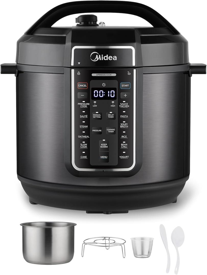 Midea 12-in-1 Electric Pressure Cooker, 8 Quarts, 12 Presets, Multi-Functional Programmable Slow Cooker, Rice Cooker, Steamer, Saut Pan, Yogurt Maker, and More, Stainless Steel (8 Quarts, Black)