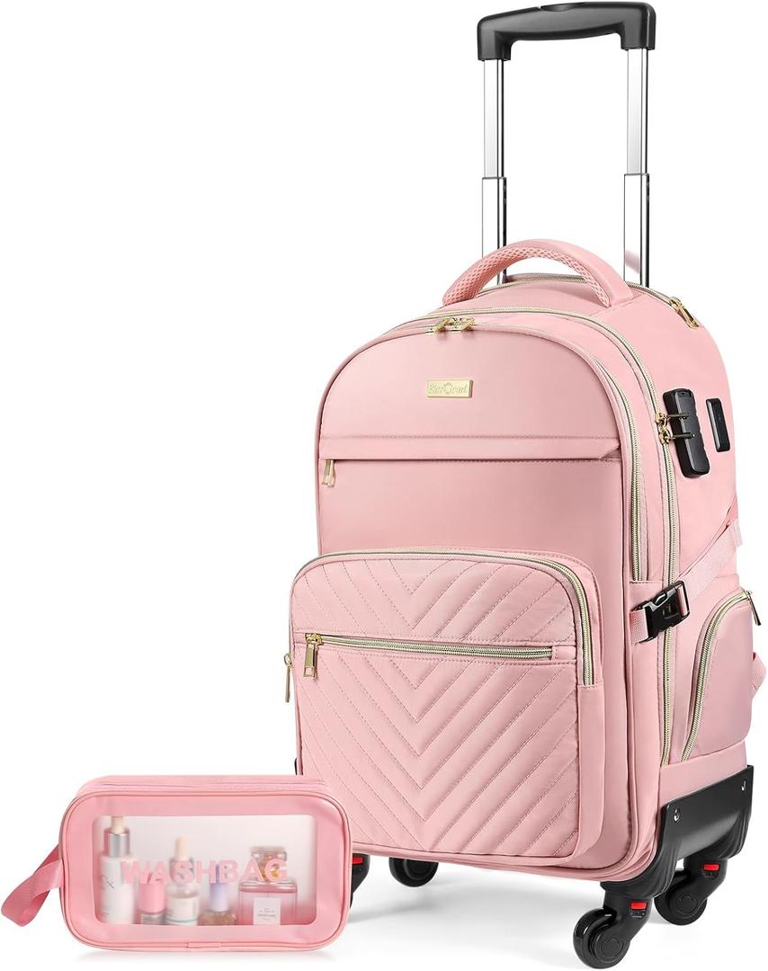 star cloud Rolling Backpack for Women, 21"x14"x9",45L Travel Backpack with Wheels and USB & Type-C Charging Ports, Fits 17.3", Water-Resistant Carry-On Luggage for Work & Travel (Pink)