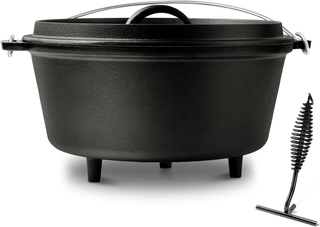 8QT Pre-Seasoned Cast Iron Camp Dutch Oven with Lid, Large Camping Dutch Oven Pot, incl. Lid Lifter - Dual Handles - for Outdoor Campfire, Grill, Oven & Stovetop Cooking-Black