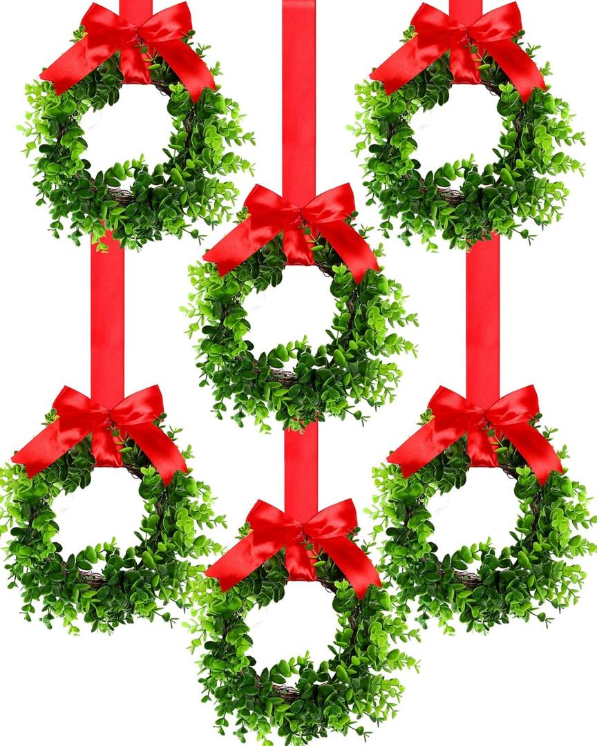 Canlierr 6 Pcs 8 Inch Christmas Kitchen Cabinet Wreaths with 31.5inch Ribbon Small Mini Christmas Wreath for Window Door Chair Wall Xmas Decoration(Fresh)