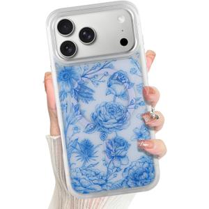 Magnetic for iPhone 17 Pro Max Case Cute Aesthetic, Blue Flowers | Trendy Floral Print, Compatible with Magsafe, Shockproof Protective Phone Cover