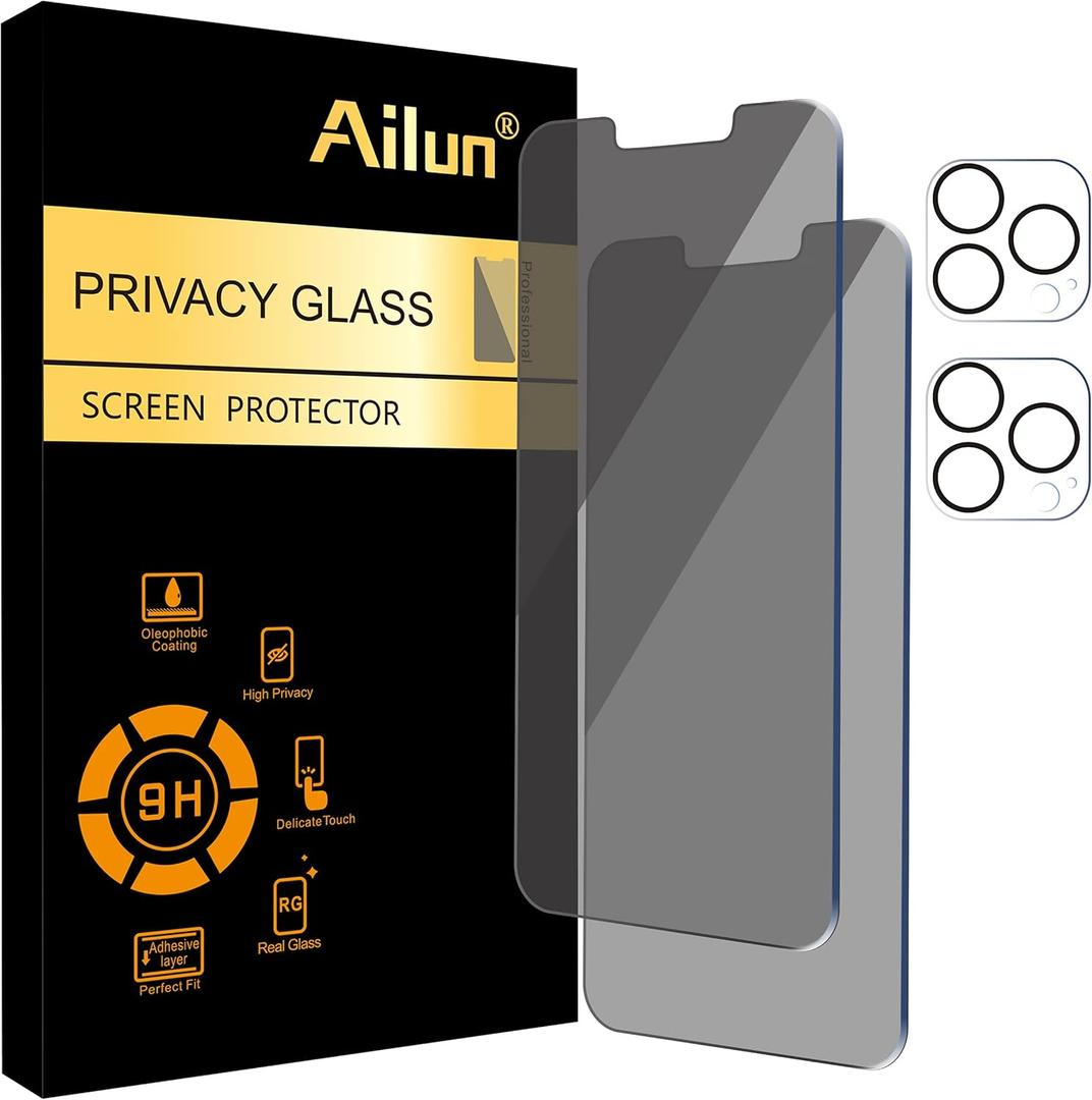 Ailun 2Pack Privacy Screen Protector for iPhone 13 Pro Max [6.7 inch] + 2 Pack Camera Lens Protector, Anti Spy Private Tempered Glass Film, [9H Hardness] - HD