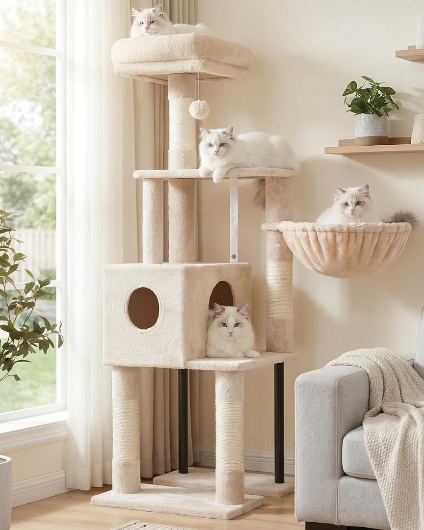 Heybly Cat Tree, 49.2 Inches Cat Tower for Indoor Cats, Spacious Cat House Condo with Hidden SpaceSturdy Steel TubeSoft Plush Top PerchCozy Hammock and Sisal Scratching Posts, Beige HCT200SM