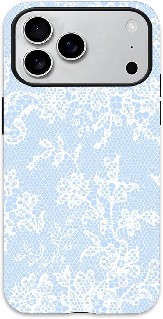 for iPhone 17 Pro Case, Cute Vintage Lace Flower Pattern Phone Case for Women Girls, Aesthetic Elegant Hybrid 2-Layer Hard Shell Protective Cover, Blue & White Floral Lace
