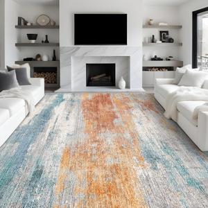 Area Rugs 9x12 Washable Rug - Abstract Large Ultra Thin Modern Rug for Living Room Soft Non-Slip Neutral Carpet for Bedroom Stain Resistant Foldable Carpets for Home Office Decor Blue/Brick