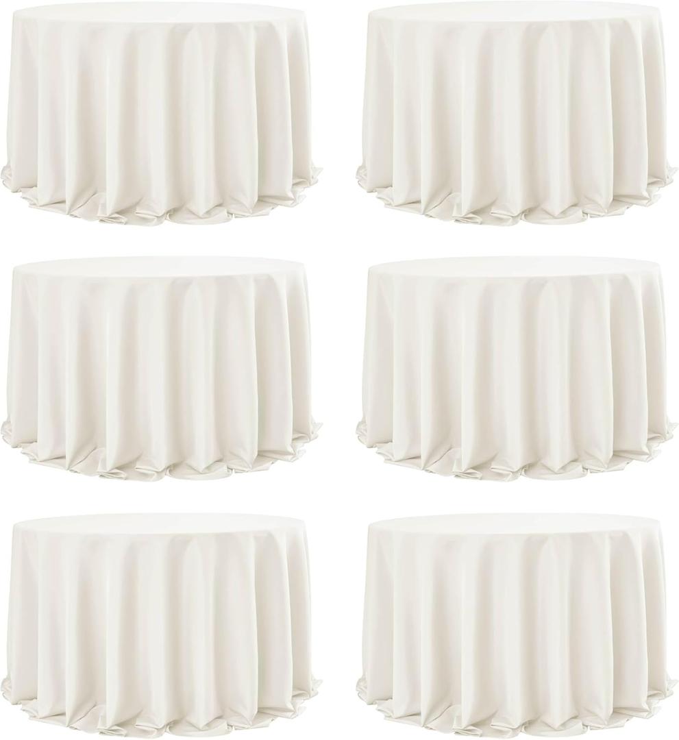 6-Pack Ivory Round Tablecloths, 132 Inches, Stain-Resistant Polyester for 6-8 Ft Round Tables - Washable Table Covers for Weddings, Banquets, Birthday Parties, Events