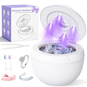 Dental Ultrasonic Retainer Cleaner Machine - 45kHz Cleaning Pod for Dentures, Mouth Guard, Aligner, Night Guard, Toothbrush Heads & Jewelry, 4 Cleaning Modes, Digital Timer, 200ML Capacity, White