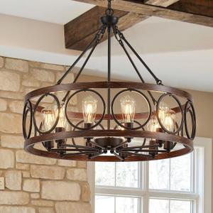 10-Light Farmhouse Drum Wood Pendant Light,27.67'' Vintage Rustic Brown Oak Wood Chandeliers,Retro Industrial Hanging Light Fixtures for Dining Room Entryway, Bedroom, 27.67in-10 Light