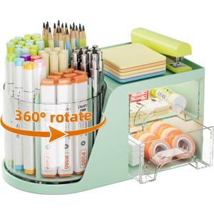 Marbrasse Desk Organizer with 2 Drawer, 360Rotating Pen Holder, Desk Organizers and Accessories with 6 Slots Pencil Holder + 2 Drawer, Art Supply Storage Box Caddy for Office (Green)