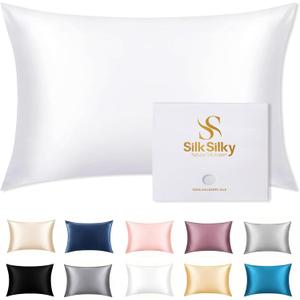 SilkSilky 100% Mulberry Silk Pillowcase - Pure 22 Momme High-Grade 6A Fibers for Hair & Skin, Hidden Zipper, Natural, Organic, Breathable & Cooling Pillow Case (King 20''x36'', White)