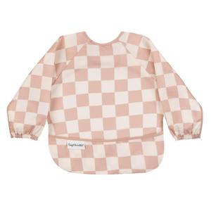 Tiny Twinkle Mess Proof Baby Bib,Waterproof Smock Baby Bib for Eating,Machine Washable Long Sleeve Bib,Baby Led Weaning,Toddler Bib,BLW Supplies(Checkers Brown, Small 6-24 Months)