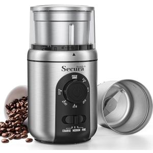 Secura Brands Electric Coffee Grinder for Coffee Beans, Spices, Herbs Adjustable Coarse to Fine Setting for 12 Cup Capacity with 1 Removable Stainless Steel Bowl, Ideal for Home Use, RV