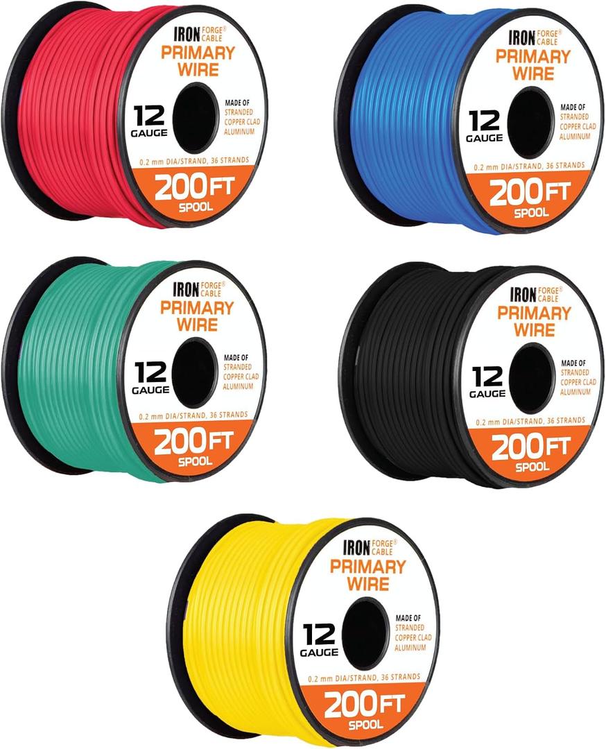 Iron Forge Cable 12 Gauge Primary Automotive Wire - 5 Roll Assortment Pack 1000 Ft Total Length - 200 Ft of Copper Clad Aluminum Wire per Roll - for Home or Automotive