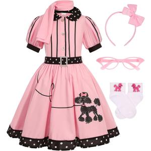 50s Outfit for Girls Kids 50s Poodle Skirt Costume Girls Halloween Party Dress Up (6-8 Years)