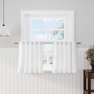 Nanspring 24 Inch White Curtains for Kitchen Windows Over Sink Linen Blend Modern Semi Sheer Mini Curtains for Small Window Back Tab and Rod Pocket for Cafe Bathroom RV, 2 Panels 29 x 24